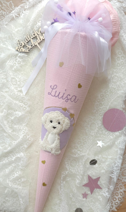 Musselin Schultüte 70 cm | weißer Hund | Welpe | Kisseninlett