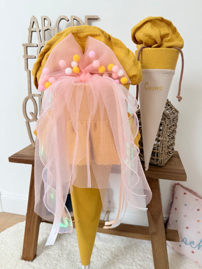 ✨ BESTSELLER ✨ Kleine Musselin Stoffschultüte 35 cm – Kita- & Geschwistertüte, individuelle Farbwahl, personalisierbar, goldene Punkte für Jungen und Mädchen