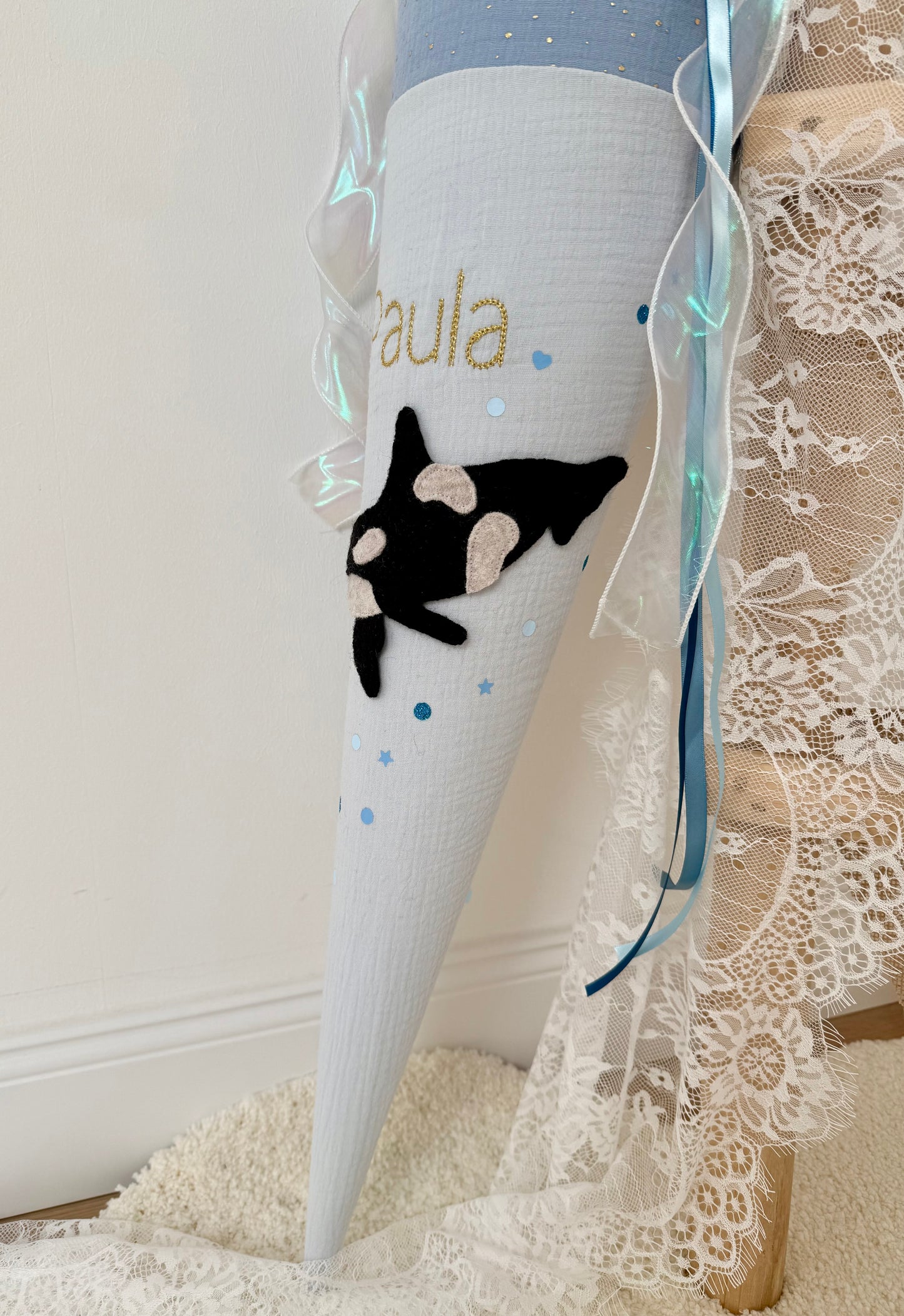 Musselin Schultüte 70 cm, – personalisiert inkl. Rohling optional mit Inlett Kissen | Schultüte aus Stoff