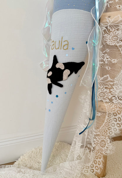 Musselin Schultüte 70 cm, – personalisiert inkl. Rohling optional mit Inlett Kissen | Schultüte aus Stoff