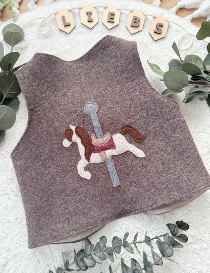 Handmade Weste Kinder | Wollwalk | Walkweste | Karussellpferd Applikation