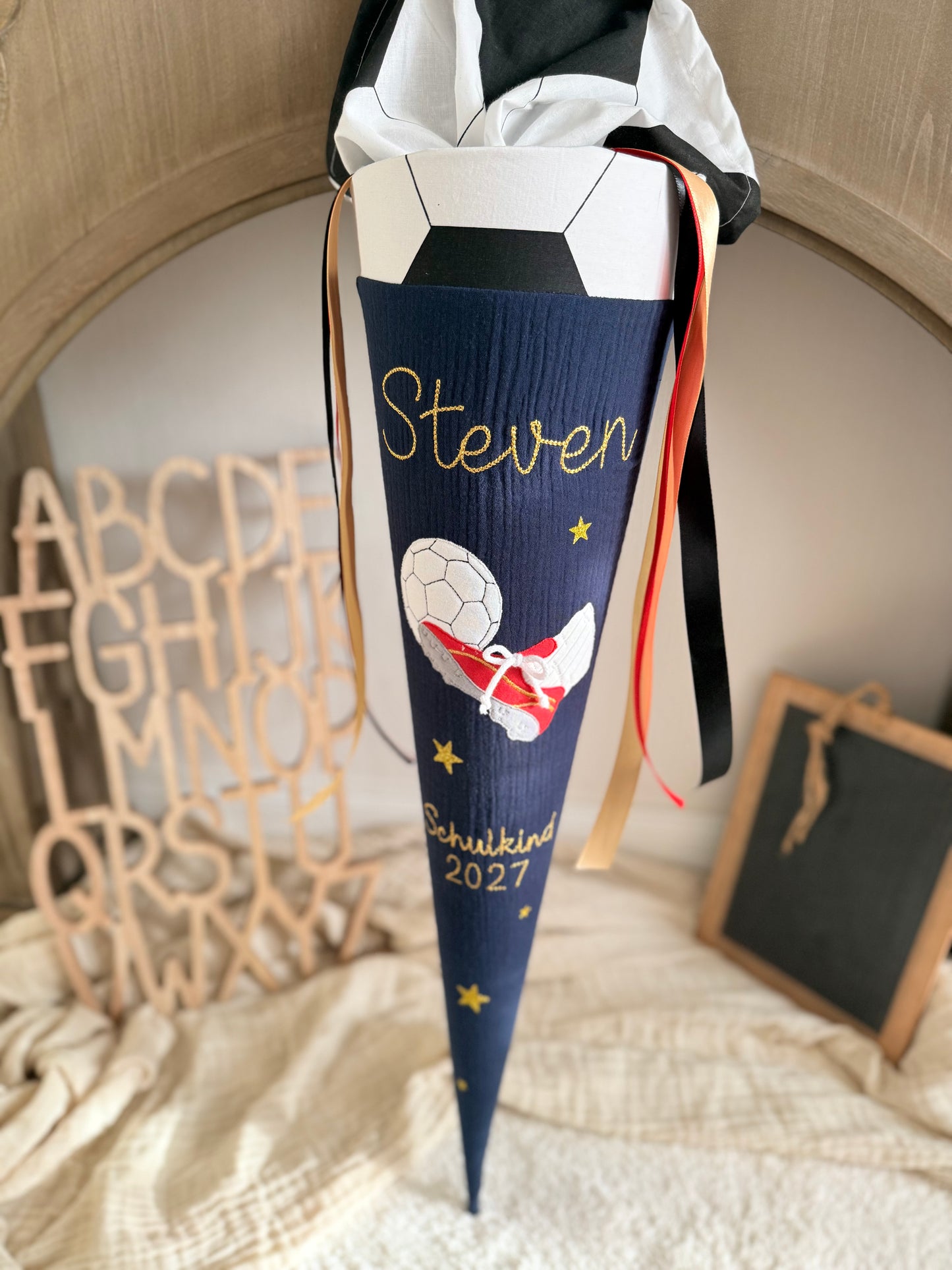 Musselin Schultüte 70 cm für Jungen, Fußball Schultüte - optional mit Inlettkissen, Schultüte aus Stoff