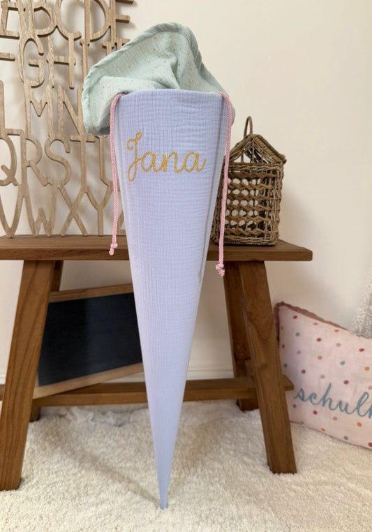 Basic Musselin Schultüte 70 cm zweifarbig, goldenen Punkten | Für Mädchen & Jungen | Einschulung & Geschwister-Kitatüte 35 cm