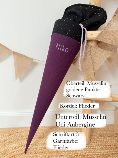 Basic Musselin Schultüte goldene Punkte 70 cm, viele Farben, gold Punkte, personalisierbar, Kisseninlett optional