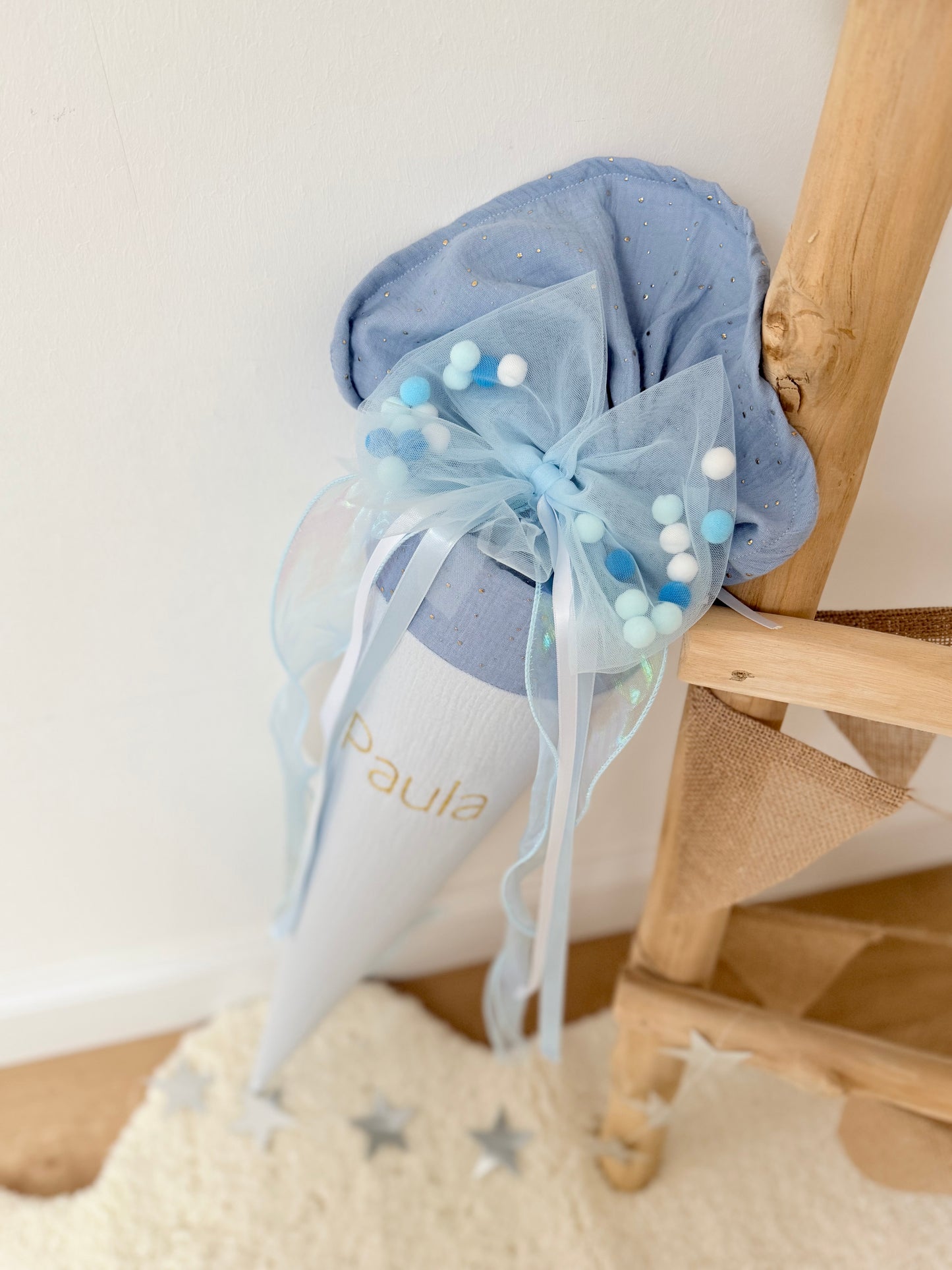 Blau Tüllschleife - Pompon Schleife für Schultüte (70 cm), Kita- & Geschwistertüten (35 cm)