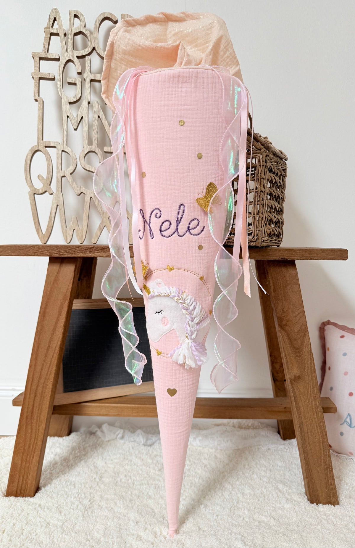 Musselin Schultüte 70cm,Babyrosa, Glitzer, Einhorn mit Schmetterlingen – optional mit Kissen