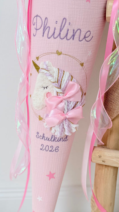 Musselin Schultüte Rosa für Mädchen Wuschelkopf Einhorn  – personalisiert inkl. Rohling & Pompon Tüllschleife optional mit Inlett Kissen | Schultüte aus Stoff