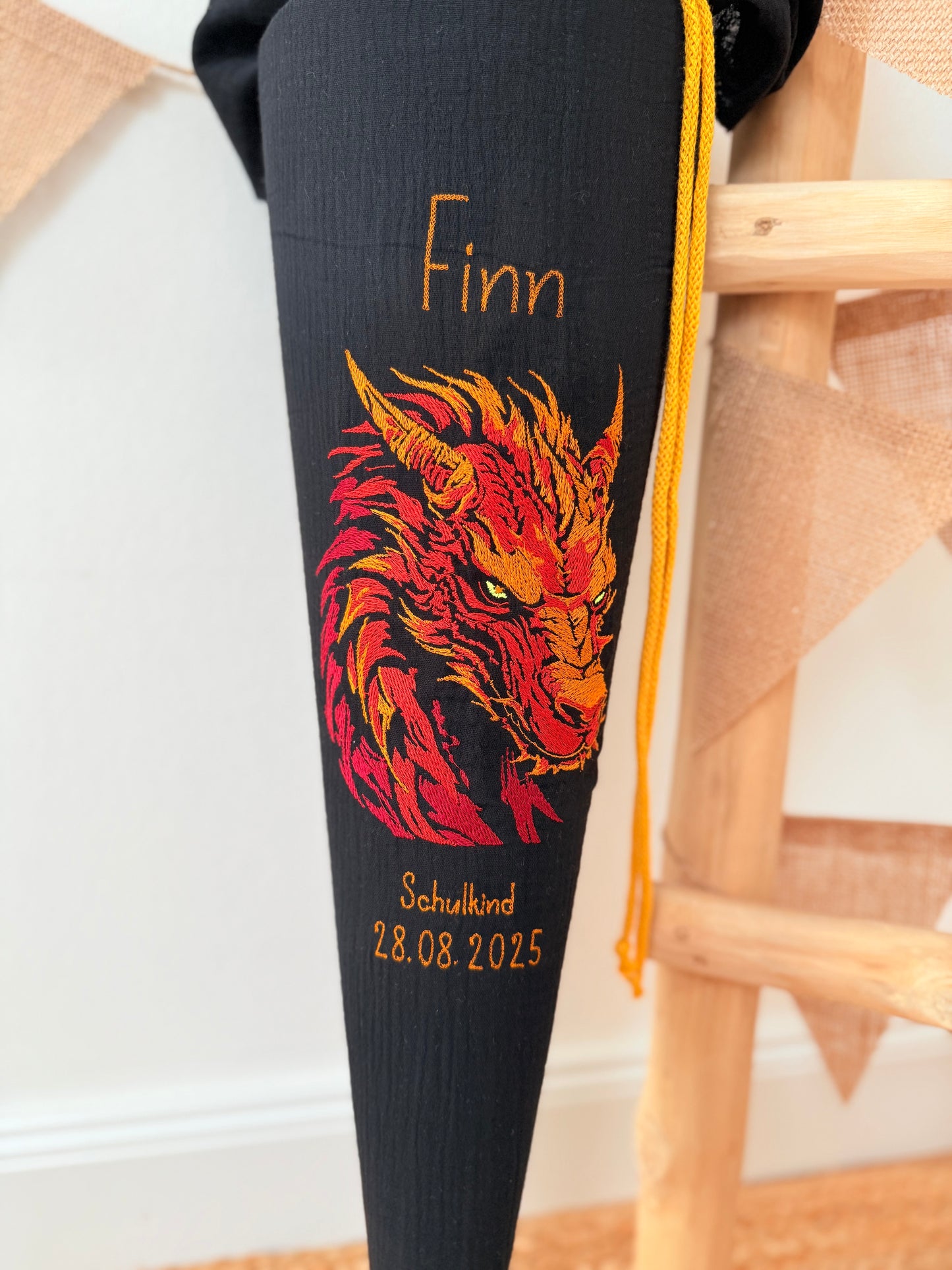 Musselin Schultüte 70 cm | Feuerdrache Drache | Kissen Inlett