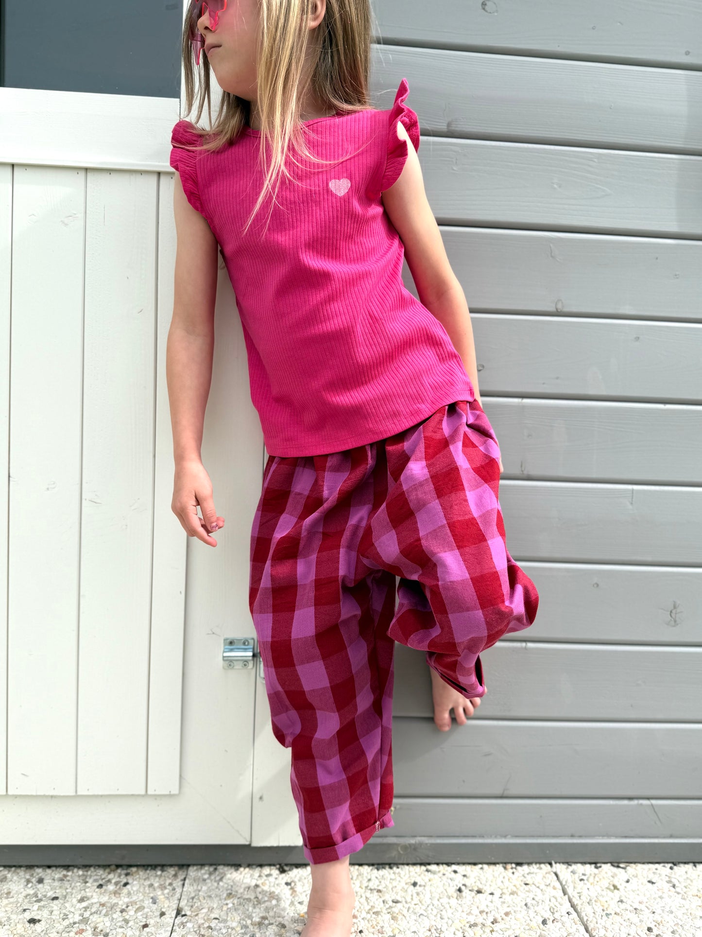 Karierte Hose, Loose Fit Hose Kinderhose, Weite Passform, Karohose Karo Rot/Pink