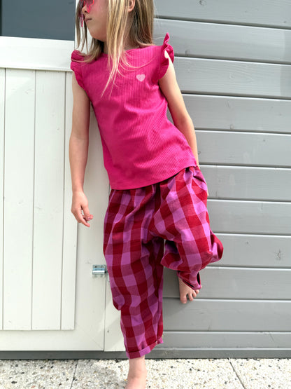 Karierte Hose, Loose Fit Hose Kinderhose, Weite Passform, Karohose Karo Rot/Pink