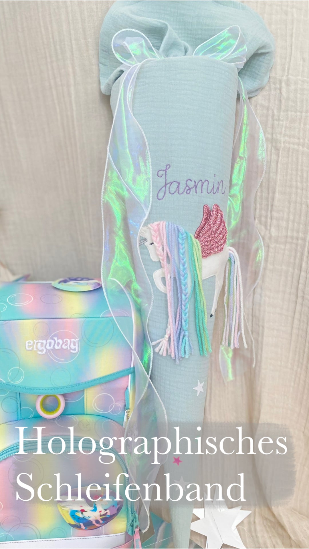 Dein Design | Musselin Schultüte 70 cm | Einhorn mit Flügeln | Pegasus | Regenbogenmähne | Kissen Inlett