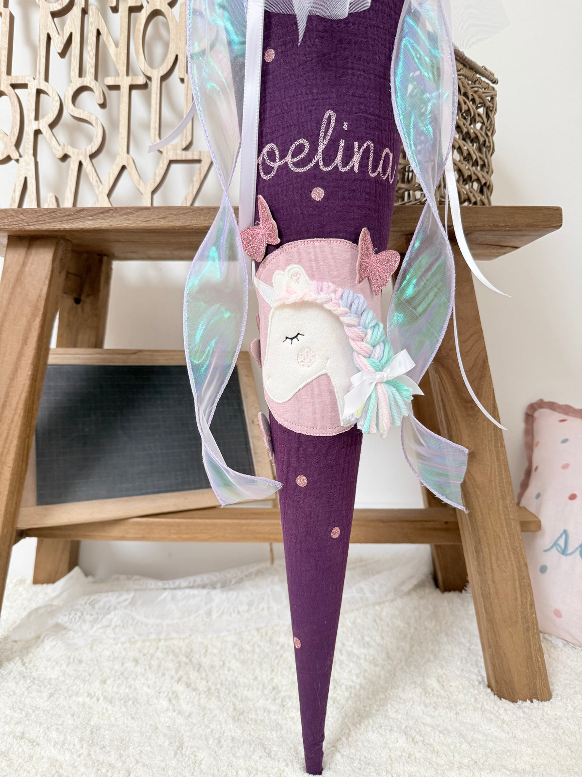 Dein Design Musselin Schultüte 70 cm, Einhorn mit glitzernden Schmetterlingen – personalisiert inkl. Rohling, optional mit Kissen