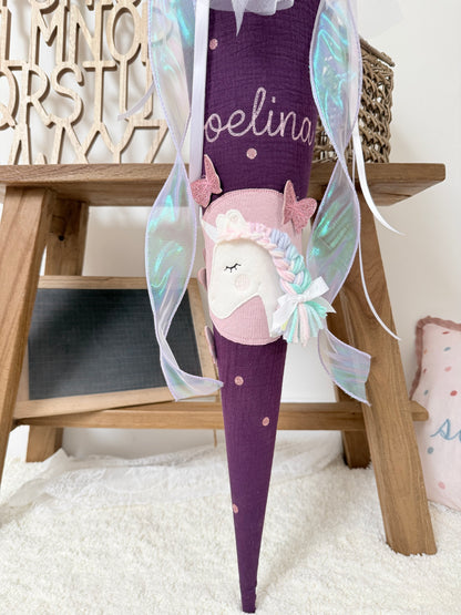 Dein Design Musselin Schultüte 70 cm, Einhorn mit glitzernden Schmetterlingen – personalisiert inkl. Rohling, optional mit Kissen