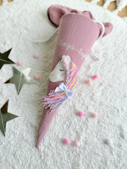 Dein Design | Musselin Kitatüte Geschwistertüte 35 cm | Einhorn Regenbogenmähne | Kissen Inlett