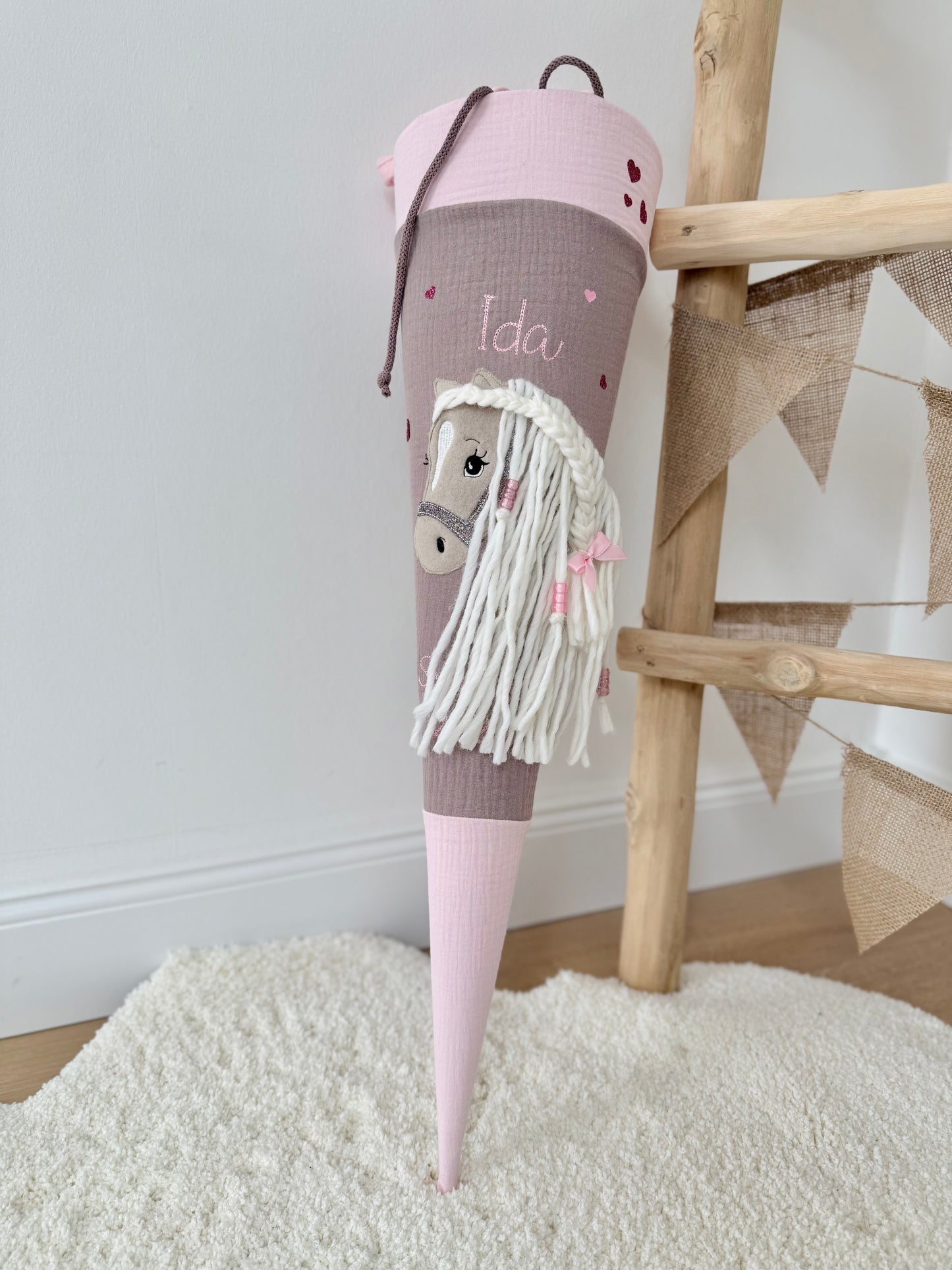 Musselin Schultüte für Mädchen mit Pferd | Haflinger – personalisiert inkl. Rohling optional mit Inlett Kissen | Schultüte aus Stoff