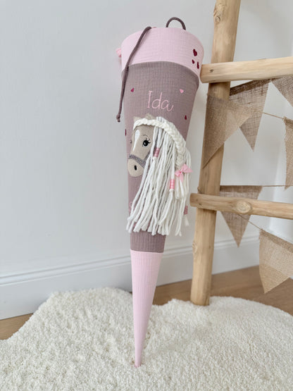 Musselin Schultüte für Mädchen mit Pferd | Haflinger – personalisiert inkl. Rohling optional mit Inlett Kissen | Schultüte aus Stoff