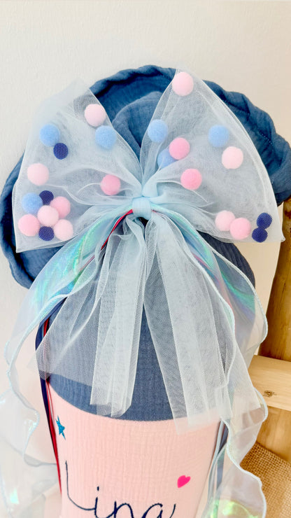 Blau/Rosa Tüllschleife - Pompon Schleife für Schultüte (70 cm), Kita- & Geschwistertüten (35 cm)