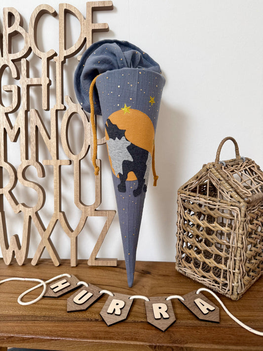 Musselin Geschwistertüte Wolf 35 cm, Sternenhimmel handgemacht – Kita Geschenk Idee, kleine Schultüte - optional mit Kissen-Inlett