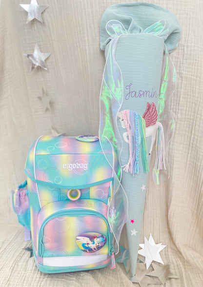 Dein Design | Musselin Schultüte 70 cm | Einhorn mit Flügeln | Pegasus | Regenbogenmähne | Kissen Inlett