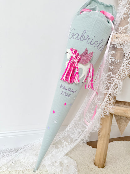 Musselin Schultüte 70 cm & Kita/Geschwistertüte 35 cm | Einhorn mit Flügeln | Pegasus mit Pinker Mähne Rose glitzernd | Kissen Inlett