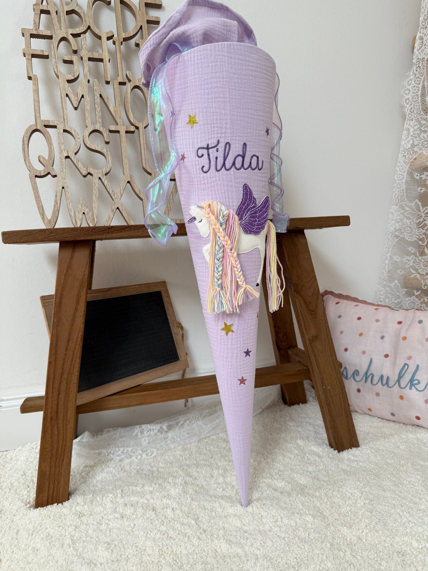 Dein Design | Musselin Schultüte Pegasus 70 cm & Geschwistertüte 35 cm zum selber gestalten | Einhorn mit Flügeln, optional mit Inlettkissen