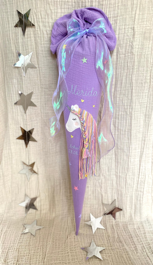 Musselin Schultüte 70 cm | Einhorn Regenbogenmähne | Hologramm Schleifenband | Kissen Inlett