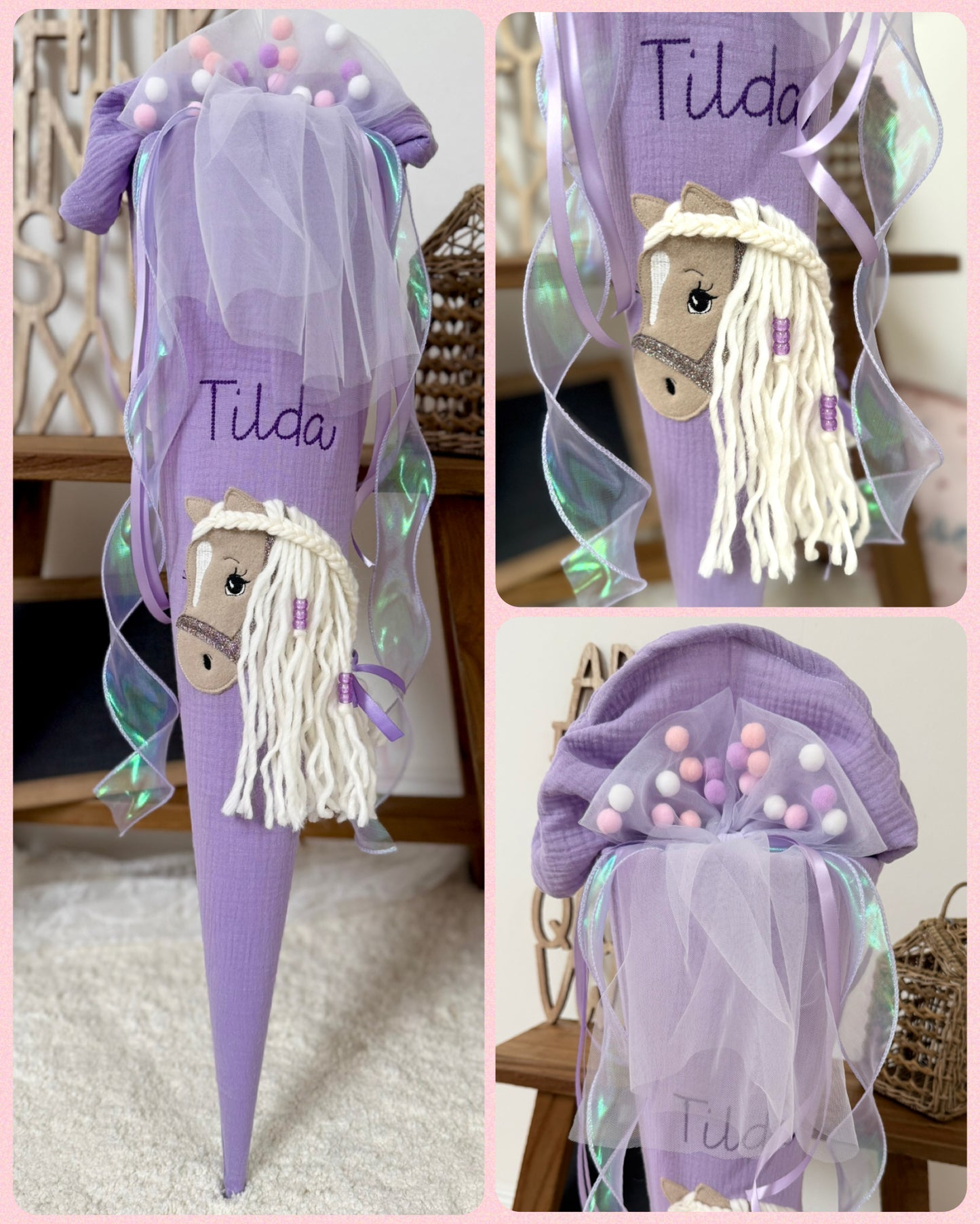 Musselin Schultüte 70 cm Lila für Mädchen mit Pferd | Haflinger – personalisiert inkl. Rohling optional mit Inlett Kissen, Pompon-Tüllschleife | Schultüte aus Stoff
