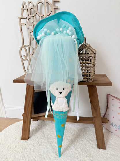 Musselin Schultüte 70 cm Türkis weißer Hund, Welpe zur Einschulung für Mädchen, optional mit Pompon-Tüllschleife und Kisseninlett
