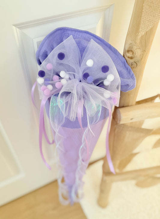 Lila Tüllschleife - Pompon Schleife für Schultüte (70 cm), Kita- & Geschwistertüten (35 cm)