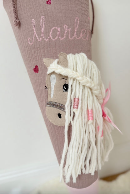 Musselin Schultüte für Mädchen mit Pferd | Haflinger – personalisiert inkl. Rohling optional mit Inlett Kissen | Schultüte aus Stoff