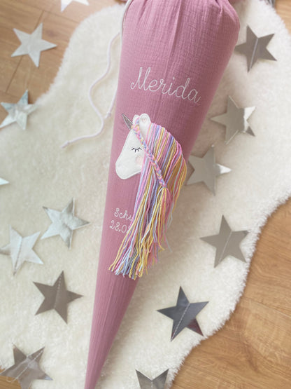Musselin Schultüte 70 cm | Einhorn Regenbogenmähne | Kissen Inlett