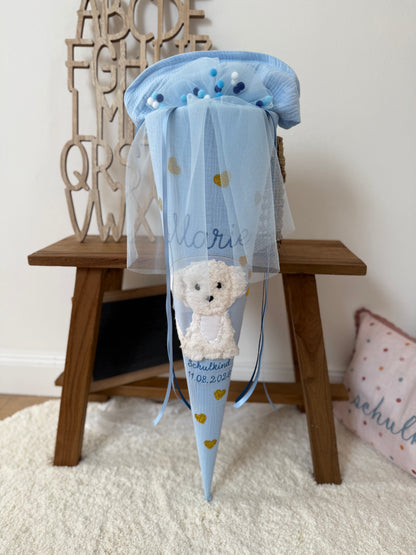 Musselin Schultüte 70 cm Blau für Mädchen mit Pompon-Tüllschleife, weißer Hund, Welpe zur Einschulung - optional mit Kisseninlett