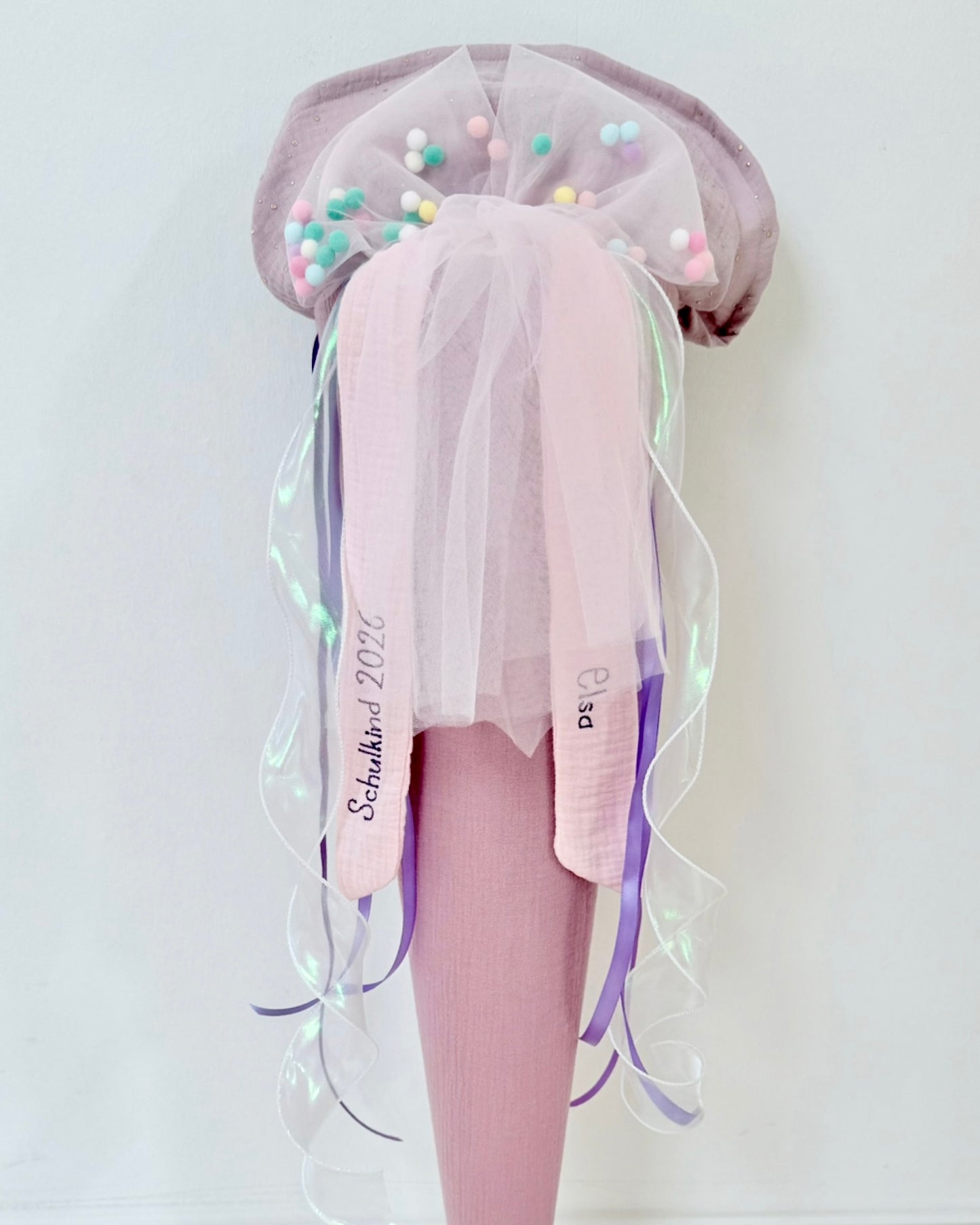 Dein Design personalisierte Pompon-Tüllschleife für Schultüte (70 cm), Kita- & Geschwistertüten (35 cm)