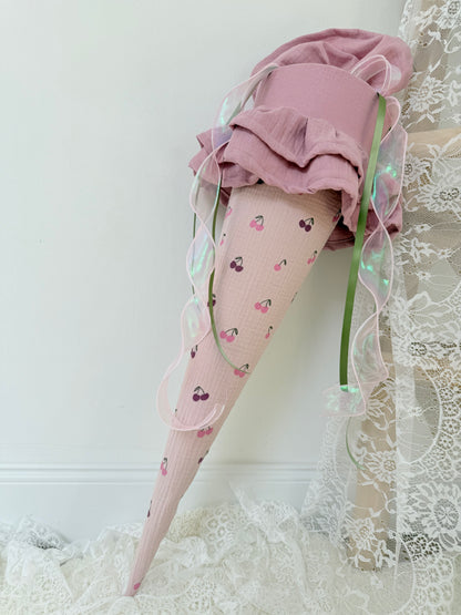 Musselin Schultüte Kirsche mit Rüsche für Mädchen 70cm, inklusive Rohling, optional mit Inlett Kissen | Schultüte aus Stoff