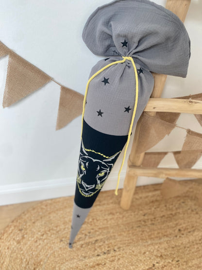 Musselin Schultüte Panther 70 cm | Geschwistertüte 35 cm | Kissen Inlett