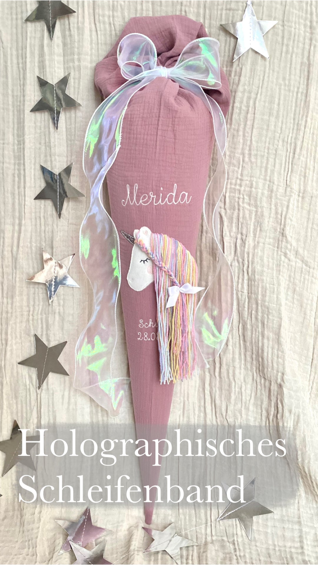 Dein Design Musselin Schultüte 70 cm | Einhorn Regenbogenmähne | Kissen Inlett