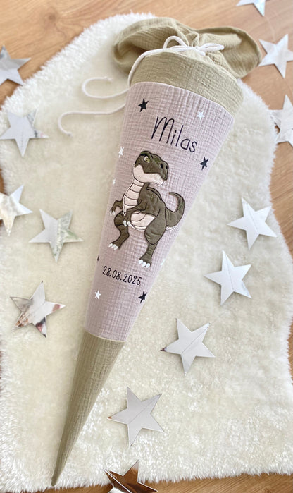 Dein Design Musselin Schultüte 70 cm, T-Rex, Dinosaurier, Dino – personalisiert inkl. Rohling, optional mit Kissen