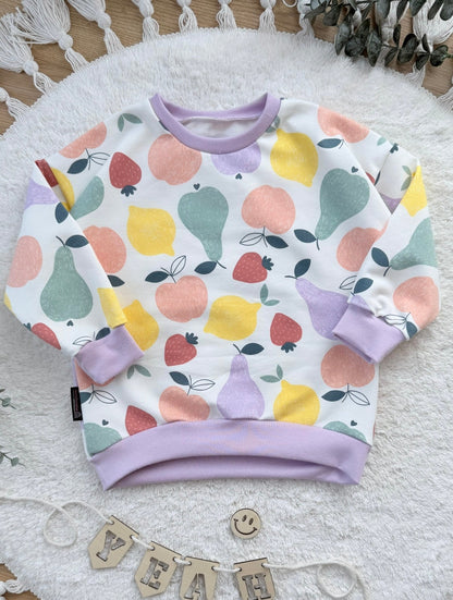 Oversized Kinder Sweater aus Sommersweat mit Obstmotiv in Pastellfarben, Mädchen Pullover