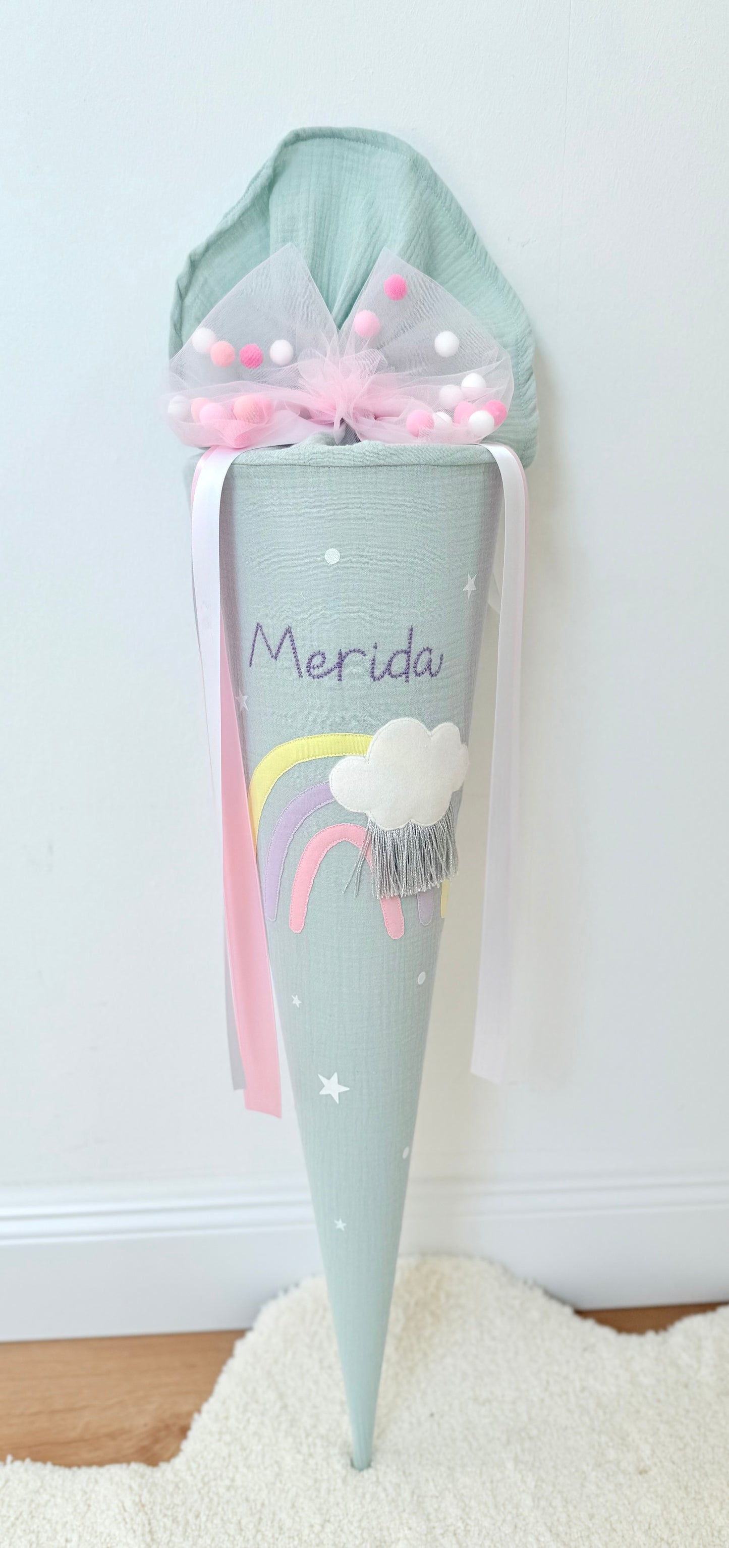 Dein Design Tüllschleife - Pompon Schleife für Schultüte (70 cm), Kita- & Geschwistertüten (35 cm)