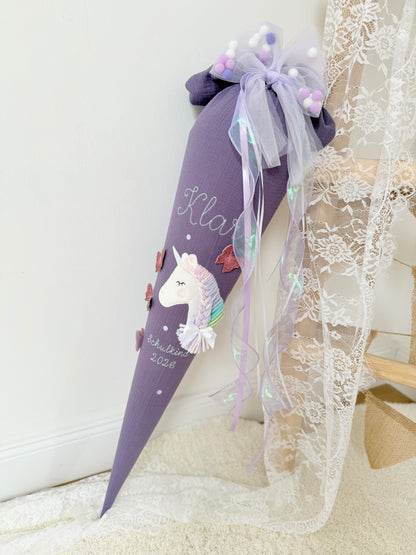 Musselin Schultüte für Mädchen 70cm, Einhorn mit Schmetterlingen – personalisiert inkl. Rohling optional mit Inlett Kissen | Schultüte aus Stoff