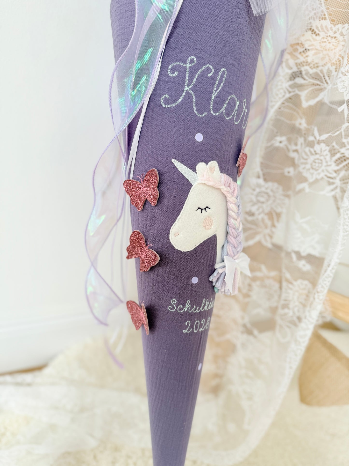 Musselin Schultüte für Mädchen 70cm, Einhorn mit Schmetterlingen – personalisiert inkl. Rohling optional mit Inlett Kissen | Schultüte aus Stoff