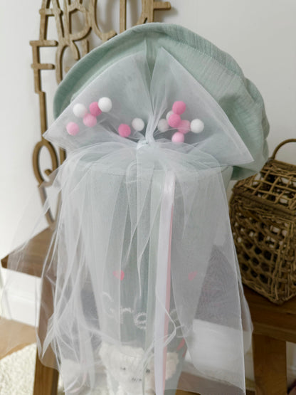 Musselin Schultüte 70 cm Mint, Rosa Herzen, Hund, Welpe zur Einschulung für Mädchen, optional mit Pompon-Tüllschleife und Kisseninlett