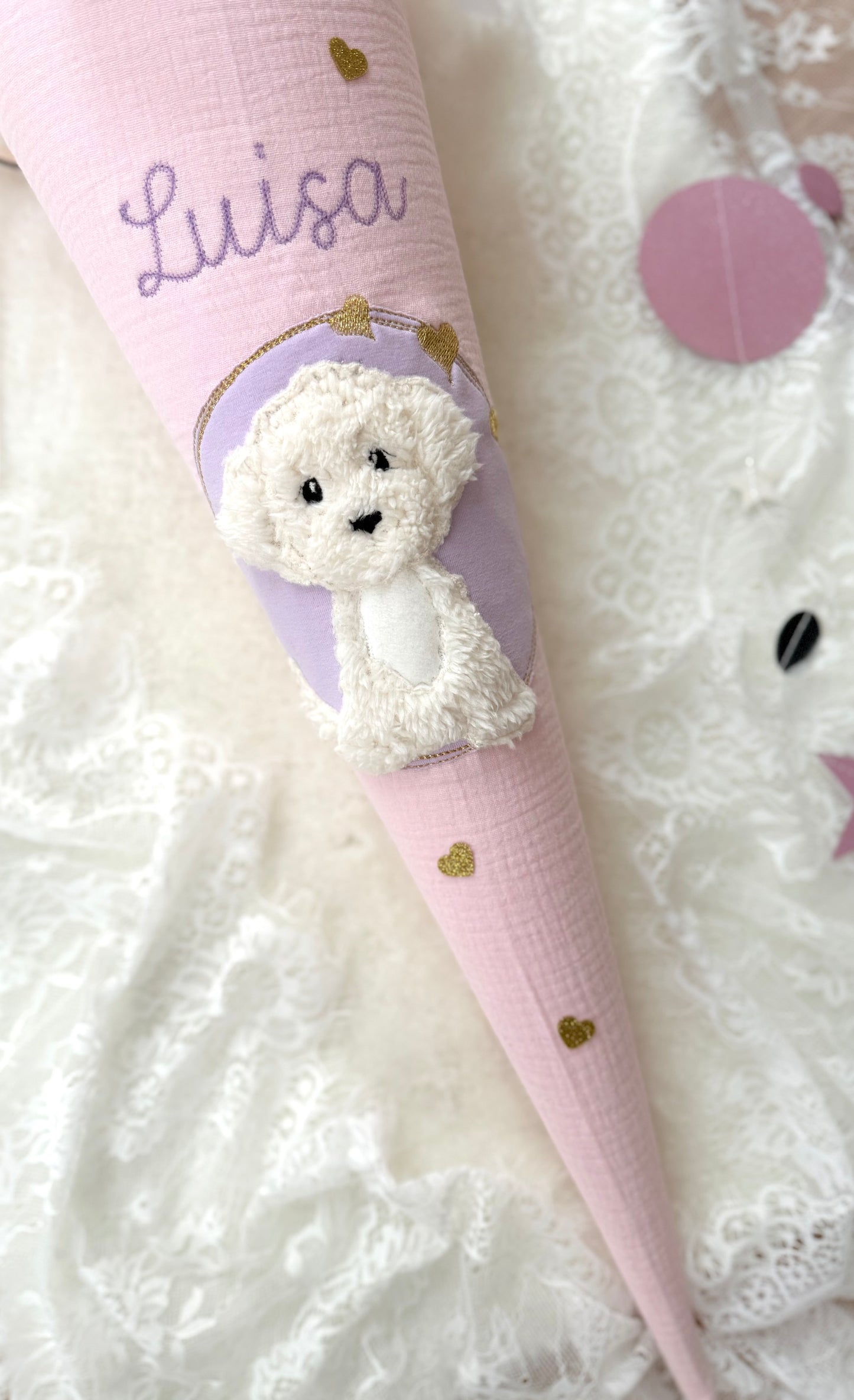 Musselin Schultüte 70 cm | weißer Hund | Welpe | Kisseninlett