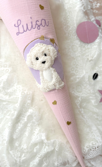 Musselin Schultüte 70 cm | weißer Hund | Welpe | Kisseninlett