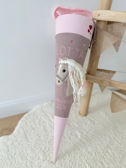 Musselin Schultüte für Mädchen mit Pferd | Haflinger – personalisiert inkl. Rohling optional mit Inlett Kissen | Schultüte aus Stoff