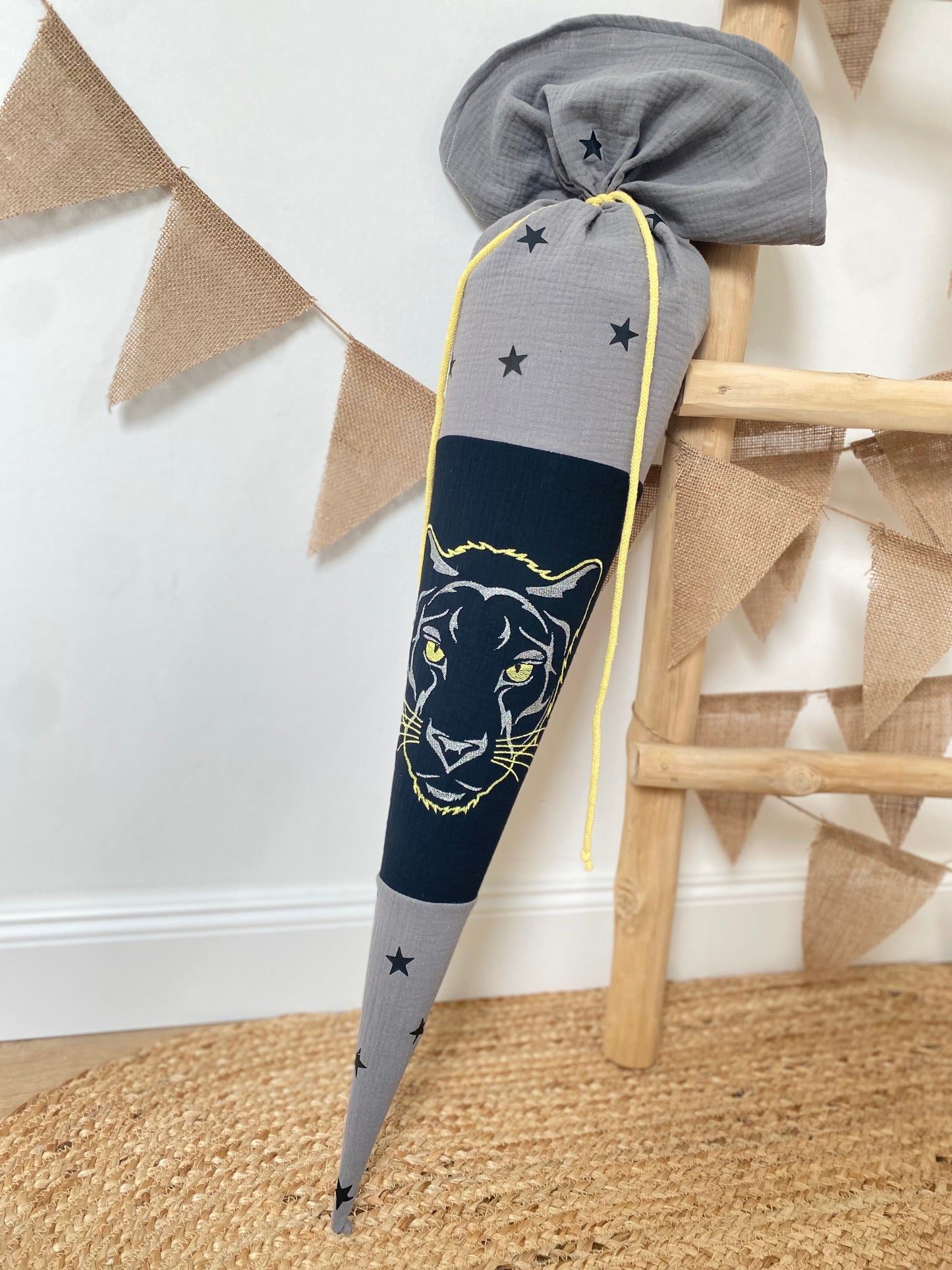 Musselin Schultüte Panther 70 cm | Geschwistertüte 35 cm | Kissen Inlett