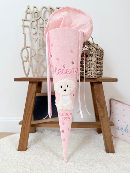 Musselin Schultüte 70 cm Babyrosa weißer Hund, Welpe zur Einschulung für Mädchen, optional mit Pompon-Tüllschleife und Kissen