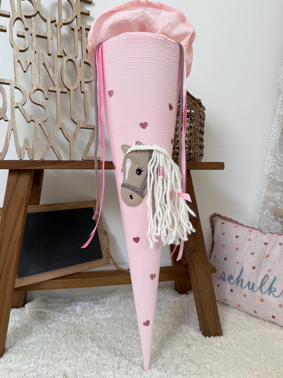 Musselin Schultüte 70 cm  Haflinger, Pferd, personalisiert inkl. Rohling- optional mit Pompon-Tüllschleife & Kissen