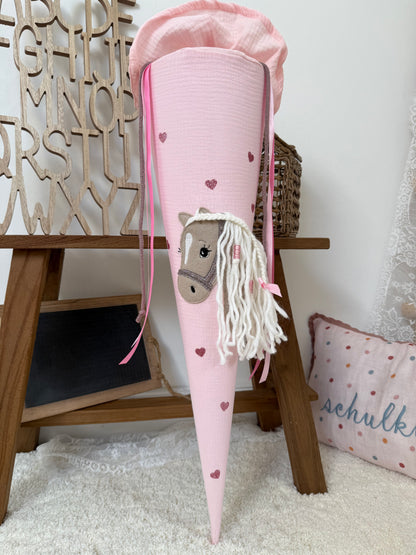 Musselin Schultüte 70 cm  Haflinger, Pferd, personalisiert inkl. Rohling- optional mit Pompon-Tüllschleife & Kissen