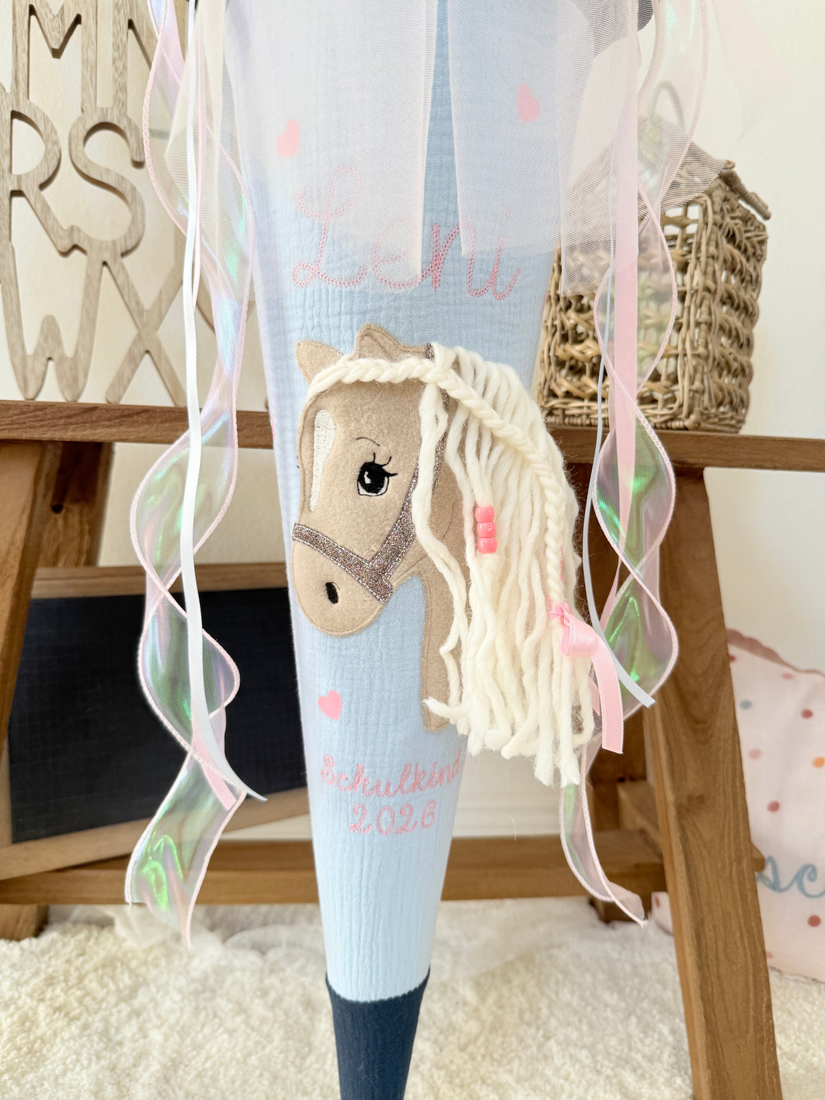 Musselin Schultüte 70 cm  Haflinger, Pferd, personalisiert inkl. Rohling- optional mit Pompon-Tüllschleife & Kissen